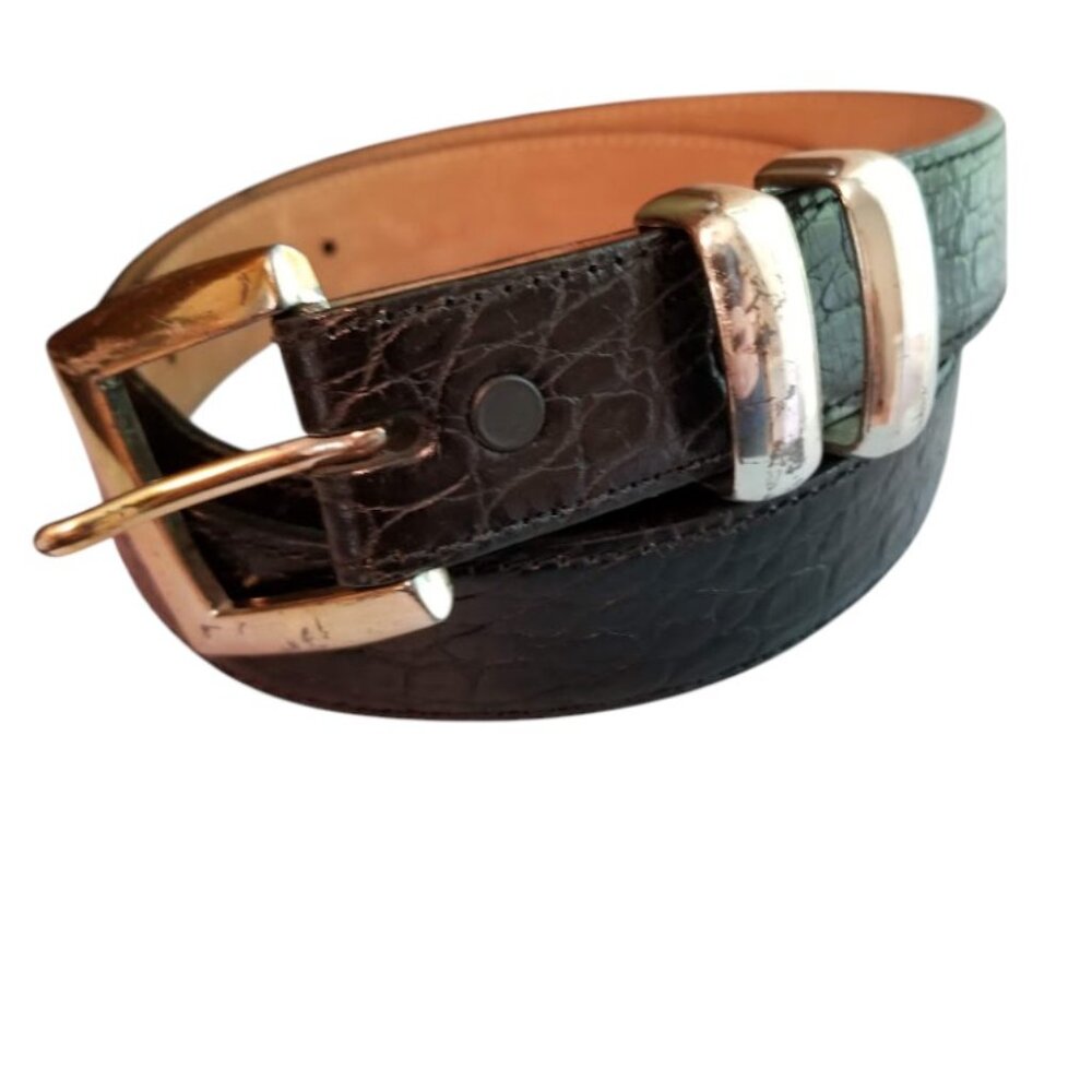 WCM New York Black Leather Belt, Mock Reptile Alligator Croc Print, Size Large